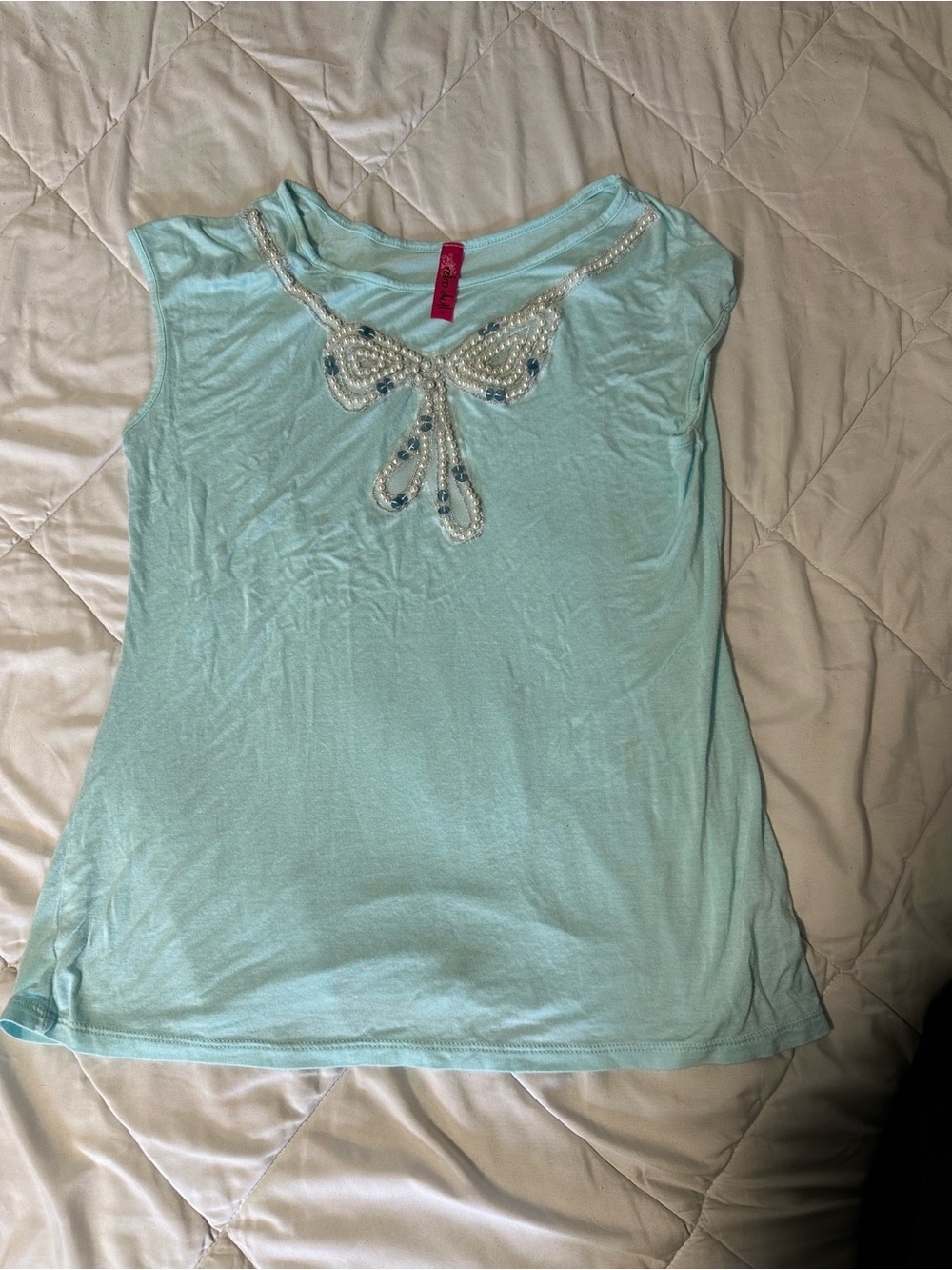 Light Blue Sleeveless Pearl-Embellished Women's Top